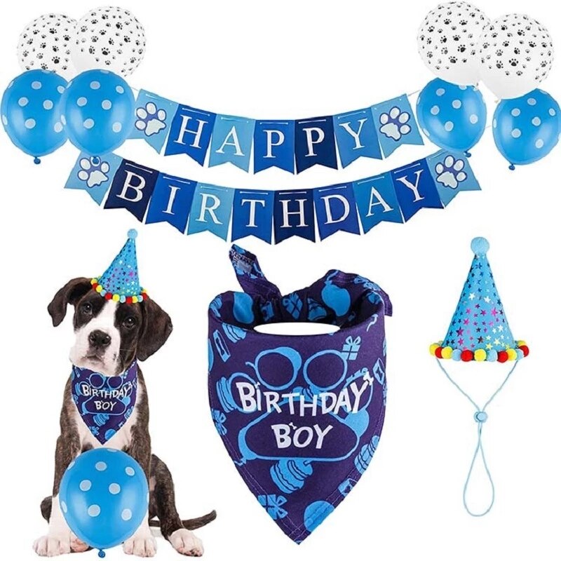 Handmade Dog Birthday Bandana Set Party Pet Pull Flag Triangle Scarf Cake Hat Decoration for DIY Pet Party Supplies: Blue Birthday Boy
