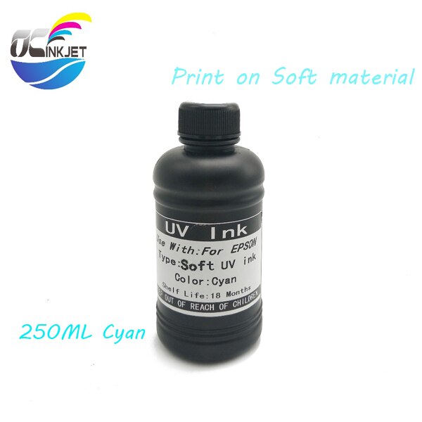 OCINKJET-tinta UV para cabezal de impresión Duro y suave, 250ml, para Epson 1390, 1400, 1410, 1430 W, R280, R290, R330, L800, L180, DX4, DX5, DX6, DX7: Cyan(Soft)