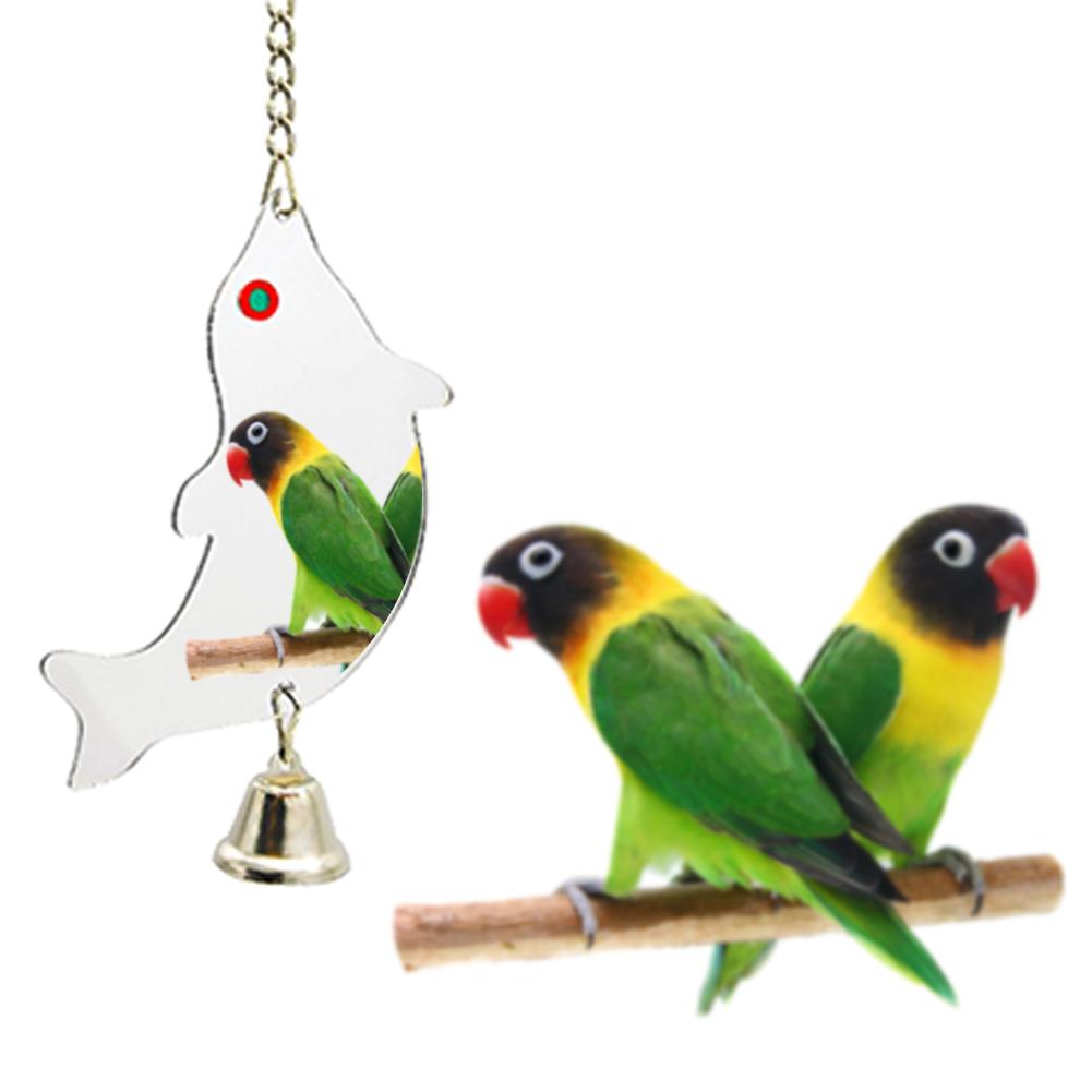 Campana para loro, juguete para mascotas, espejo con pájaro, juguete columpio para jaula de pájaros, juguete rectangular redondo con forma de corazón opcional con cascabel de Color aleatorio