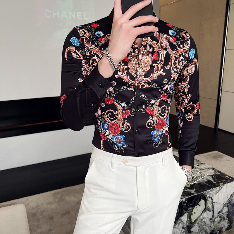 Camisas con estampado dorado de lujo para hombre, camisa informal de manga larga, ajustado para Social esmoquin, camisas de vestir para oficina de negocios de talla grande 4XL-M