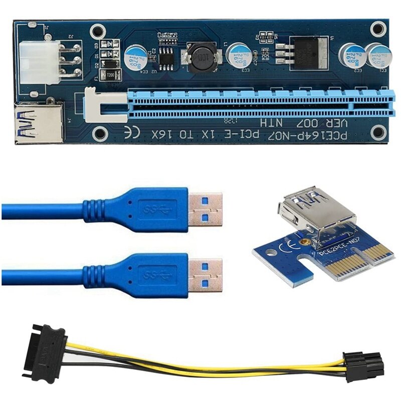 PCIE Riser 1X to 16X Powered Riser Adapter Card ,60cm USB 3.0 Extension Cable, 6 Pin SATA Power Cable - 6 Pack