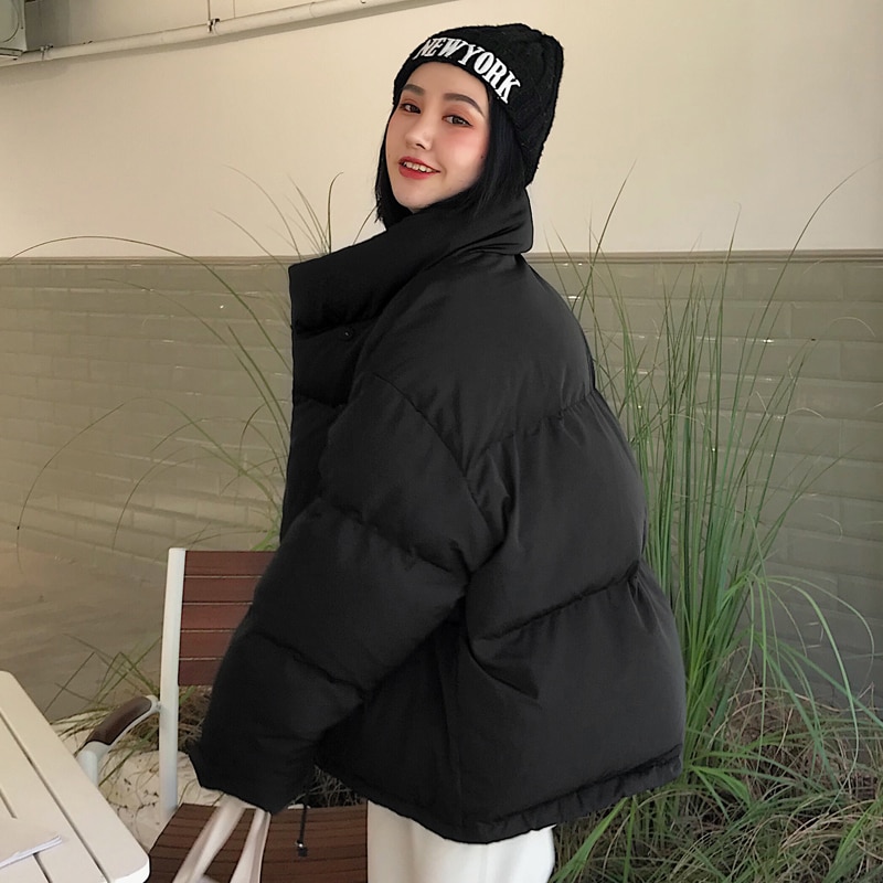 Vinterjacka i koreansk stil dam ståkrage solid svart vit kvinnlig dunjacka lös överdimensionerad kort parkas dam