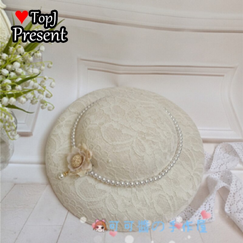 Lolita Hanyang eclectic hat retro linen flat hatGorgeous Hand made hat Ming Hanfu pearl bandage: White 3