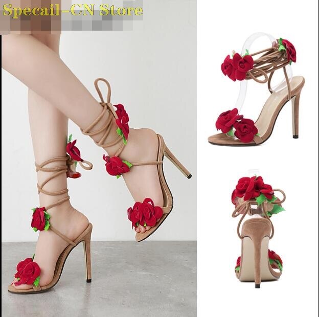 Sandalia de tacón alto con lazo flor rosa para mujer, zapatos de tacón alto con flores, con cordones, flor rosa roja