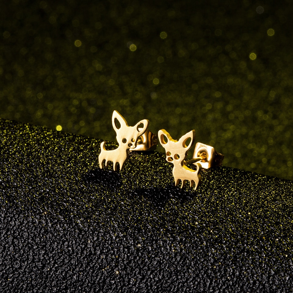 Mini pendientes de acero inoxidable con forma de Chihuahua para mujer, aretes pequeños con forma de Animal, color dorado, a la , accesorios de joyería