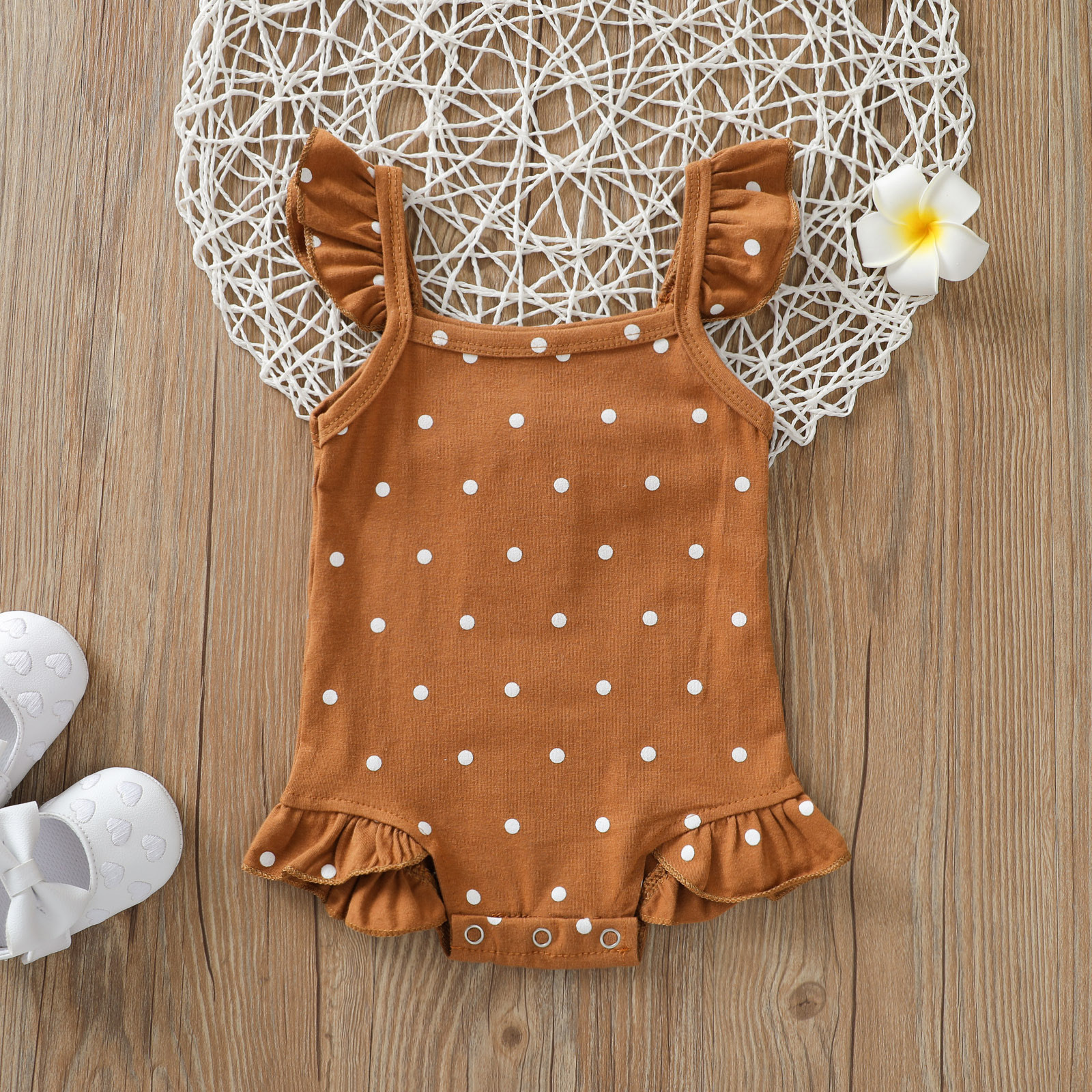 Pagliaccetto per neonato estivo pagliaccetto in cotone con volant senza maniche pagliaccetti per neonati moda abbigliamento per bambini: Brown / 100cm
