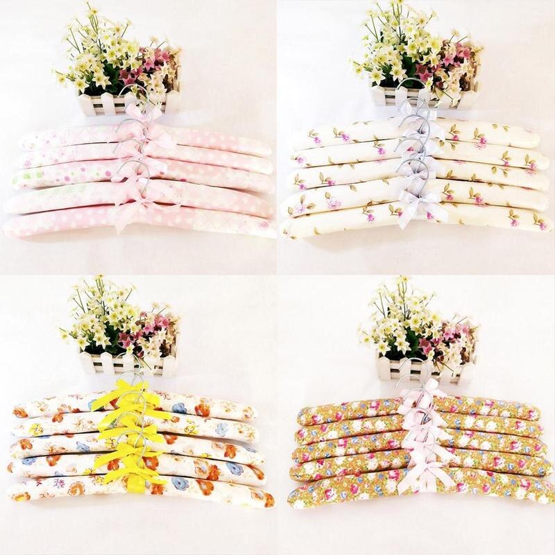 Lot de 5 cintres rembourrés en éponge à fleurs colorées, antidérapants, en satin de coton