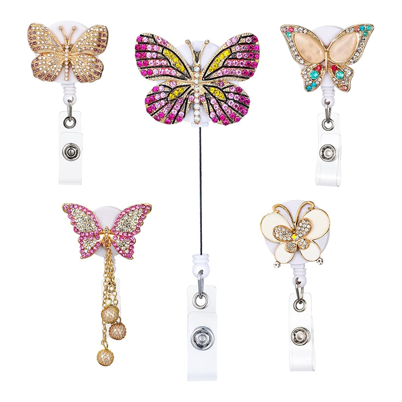 Porte-badge rétractable coloré incrusté de strass avec cordon Bleu