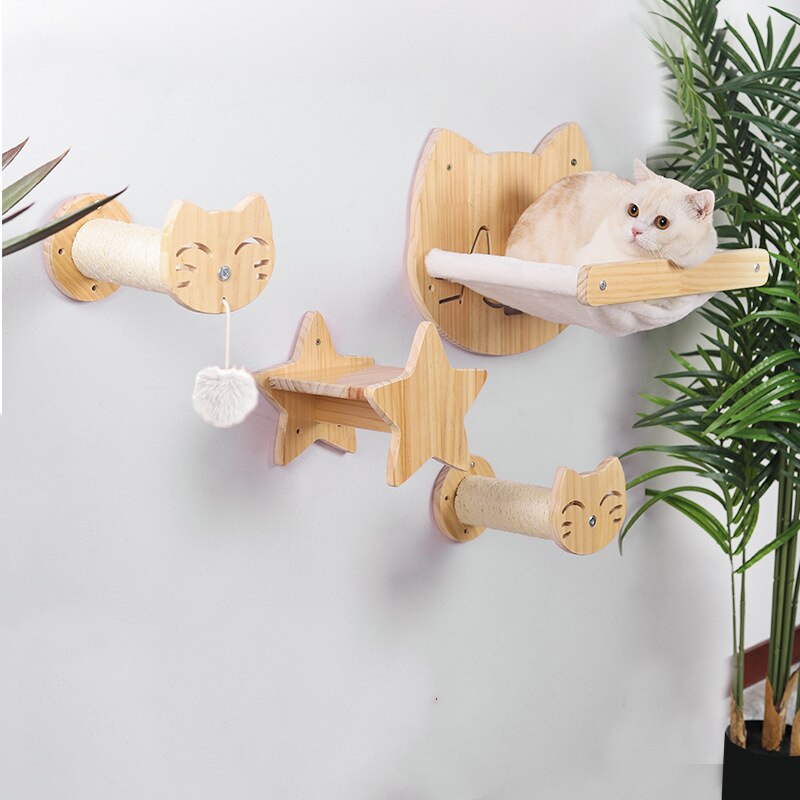 Solid Wood DIY Cat Climbing Frame Cat Wall Hanging Cat Nest Grab Column Cat Hammock Stair Room Cat Hanging Ball Toy
