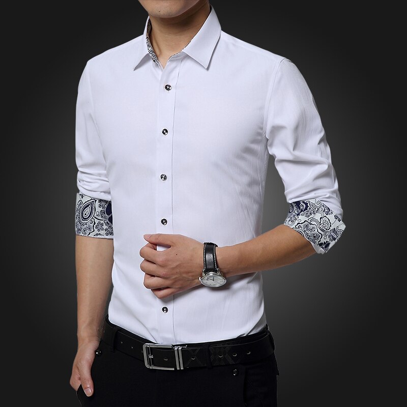 Men&#39;s Luxury Cuff Flower Printed Shirt Regular-fit Wedding Long Sleeve White Pink Tuxedo Shirts 4XL 5XL