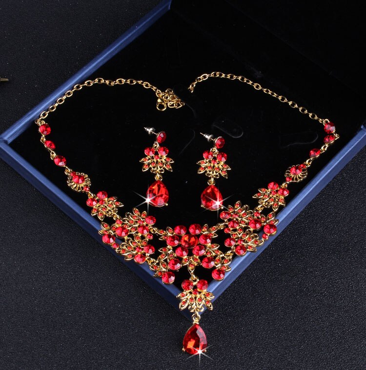 Baroque Vintage Gold Red Bridal Jewelry Sets with Tiaras Choker Crystal Rhinestone Necklace Earrings Set Wedding Crown