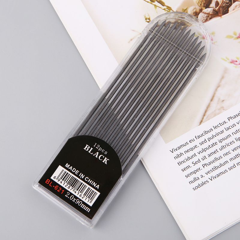 12Pcs 2.0 mm Mechanical Pencil Black 2B Lead Refills Draft Drawing Writing Crafting Art Sketching School Stationery Office