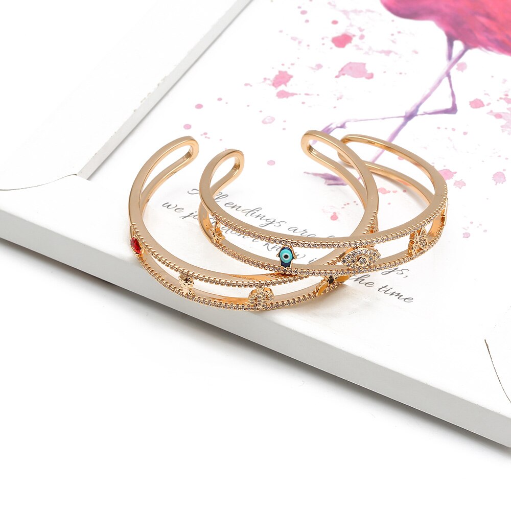 Lucky Eye Goud Kleur Bangle Open Manchet Armband Evil Eye Vlinder Hart Fatima Hamsa Hand Armband Voor Vrouwen Meisjes Sieraden BD241