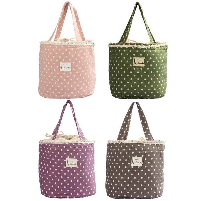 Casual Portable Lunch Bag Dots Insulated Canvas Thermal Food Picnic Lunch Bag For Women Kids Cooler Lunch Box Bag Tote loncheras