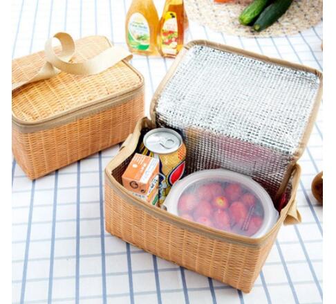 1 Stks/partij Kunstmatige Rotan Lunch Zakken Draagbare Geïsoleerde Box Voor Picknick Camping Voedsel Container Thermische Koeltas: Default Title