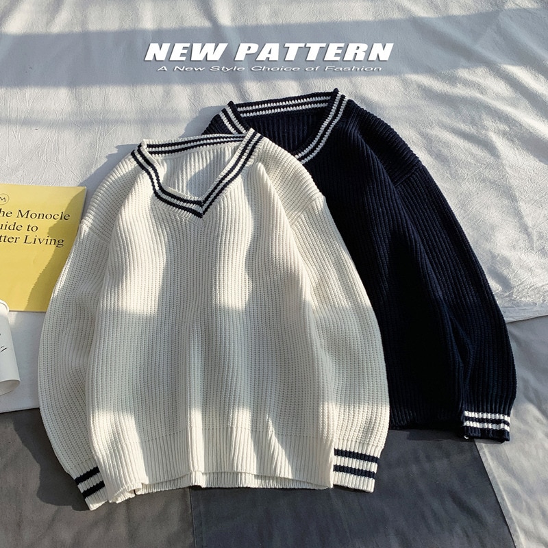 Jerséis con cuello en V para hombre, suéteres masculinos con cuello en V, estilo pijo, para parejas, fáciles de combinar, y holgado, estilo Retro para Otoño e Invierno