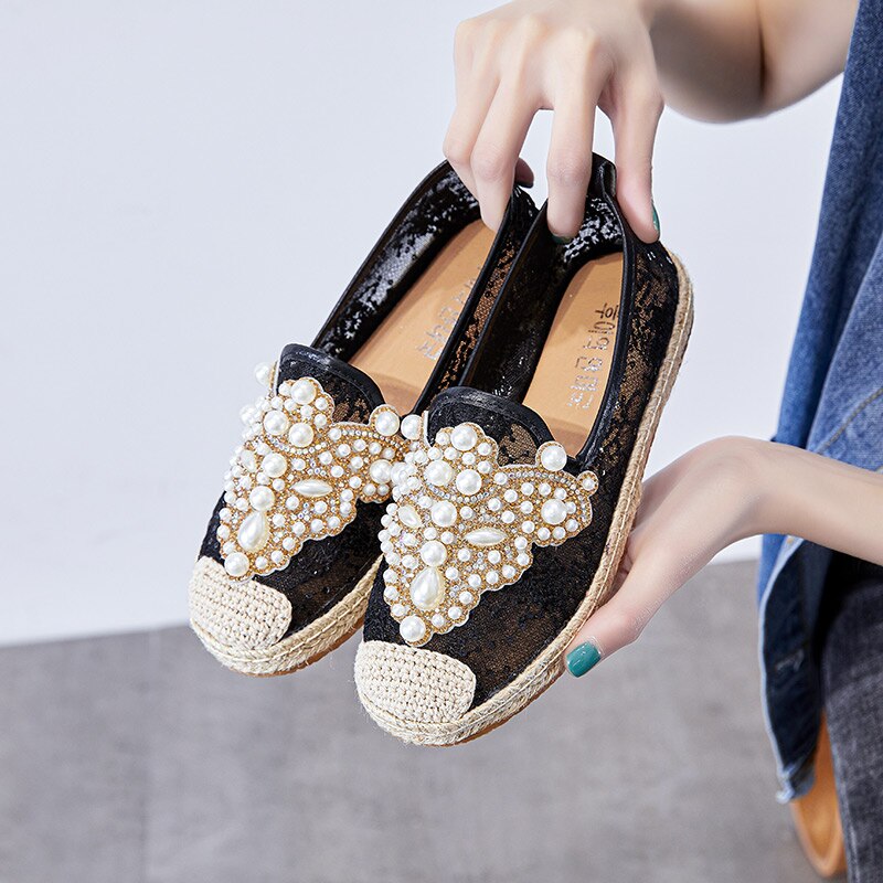 Strass Perles Espadrilles Femmes Sandales Maille Chaussures Plates D'été Respirant Lolita Sans Lacet Dames Chaussures Mocassins