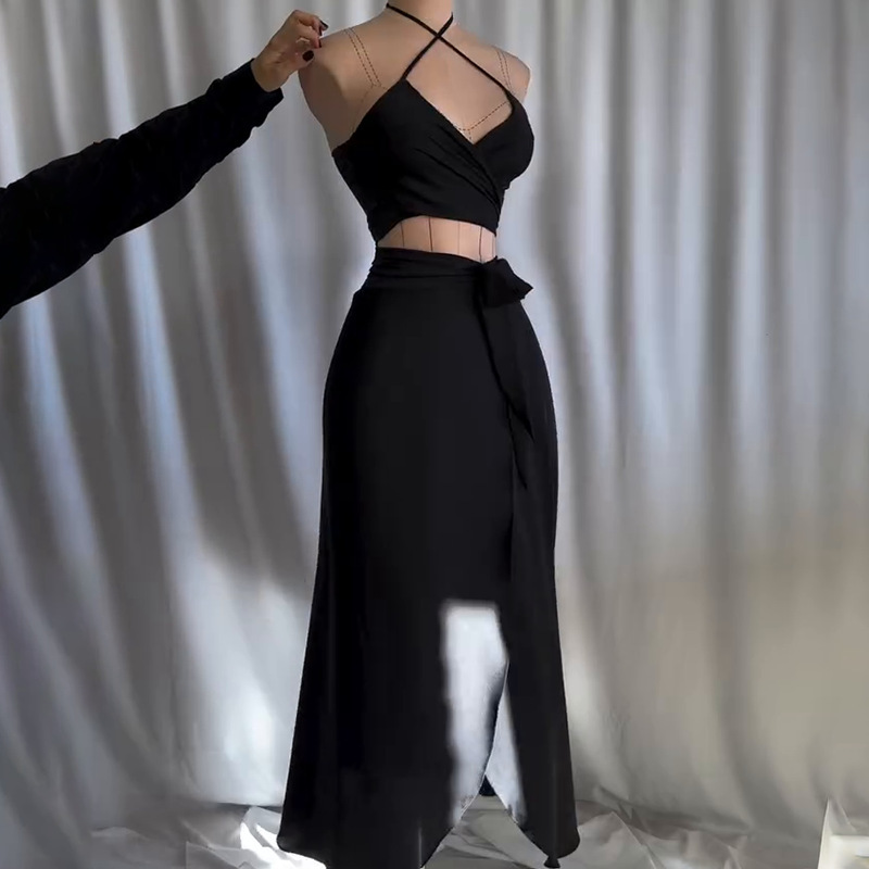 Elegante Leoparden-lange Kleider, 2-teiliges einstellen für Damen, Sommerurlaub, sexy vollbusiger, bauchfreie Spitzen, Maxiröcke, Anzüge, böhmische Strand-Clubwear