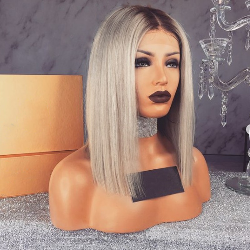EEWIGS Ash Blonde Lace Front Pruik Met Donkere Wortels 14Inch Korte Bob Rechte Pruik 13x4 Ombre Synthetische pruiken Voor Zwarte Vrouwen