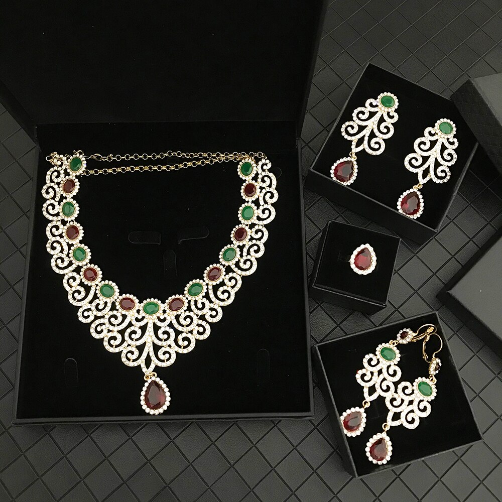 Luxurious Shine Bride Zircon Set Vintage French Wedding Dress NecKLace Earring brooch Ring for Women Jewelry Set