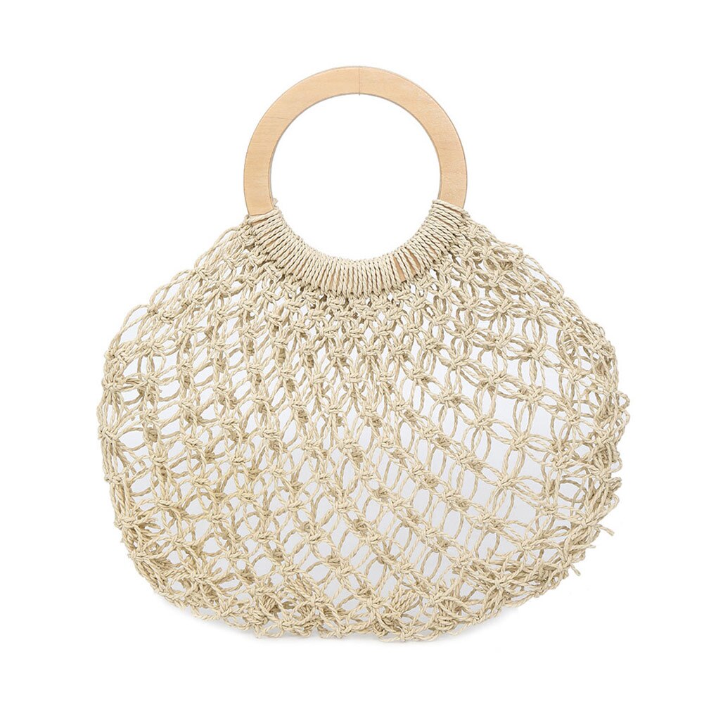 Kvinner håndveske håndlaget halm vevd rund håndtak ring tote stor kapasitet sommer strand bag: Hvit