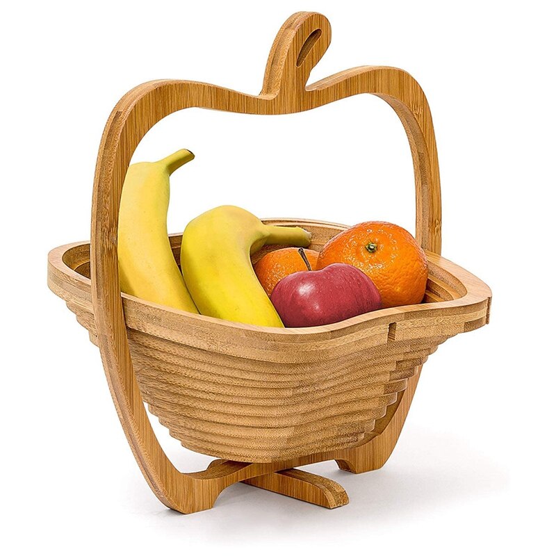 ! Cesta plegable con forma de manzana, soporte para frutero, tabla de cortar, cuenco de fruta de madera de bambú