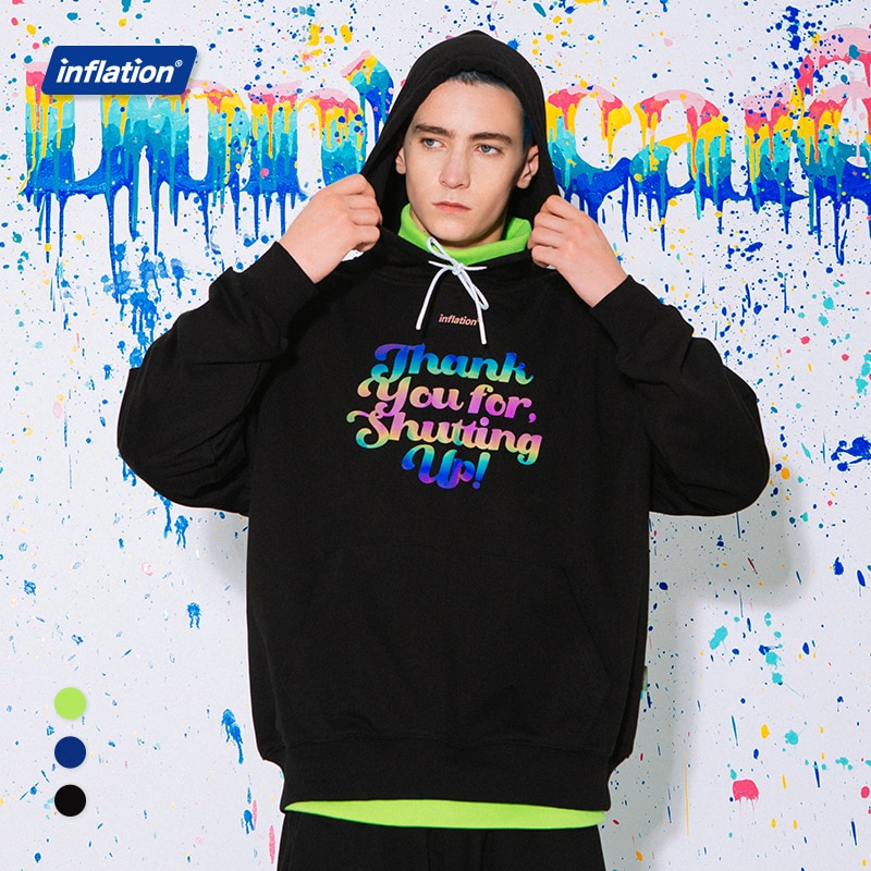 INFLATION Slogan Reflective Hoodie Men Streetwear Spring Stylish Blue Oversized Hooded Sweatshirt Couple Pullovers
