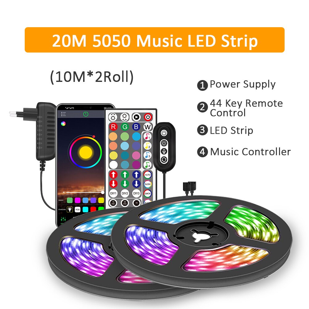 Suntech led lys striper, bluetooth musikk synkronisering farge fleksibel rgb 5050 diode tape, led lys innebygd mikrofon for fest, jul: 20m musikksett