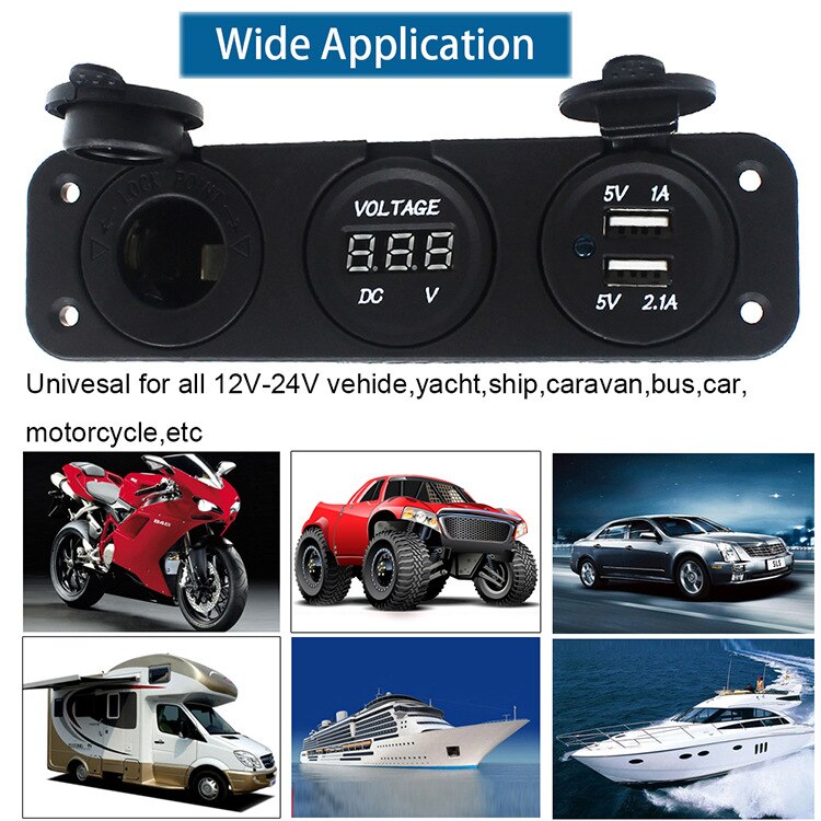 12V Universal 3 in 1 Cigarette Lighter Socket Dual USB Power Adapter Charger LED Digital Voltmeter for Car Auto Motorcycle Boat