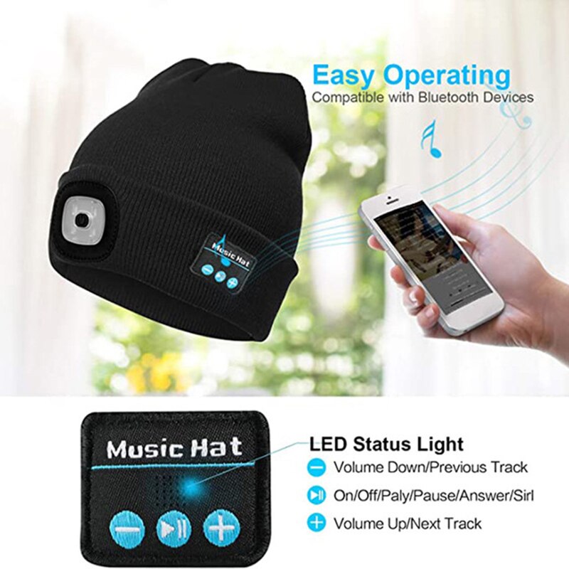 Bluetooth LED Beanie Hat Built-in Stereo USB Rechargeable LED Lighted Knit Cap Unisex for Men Women X85