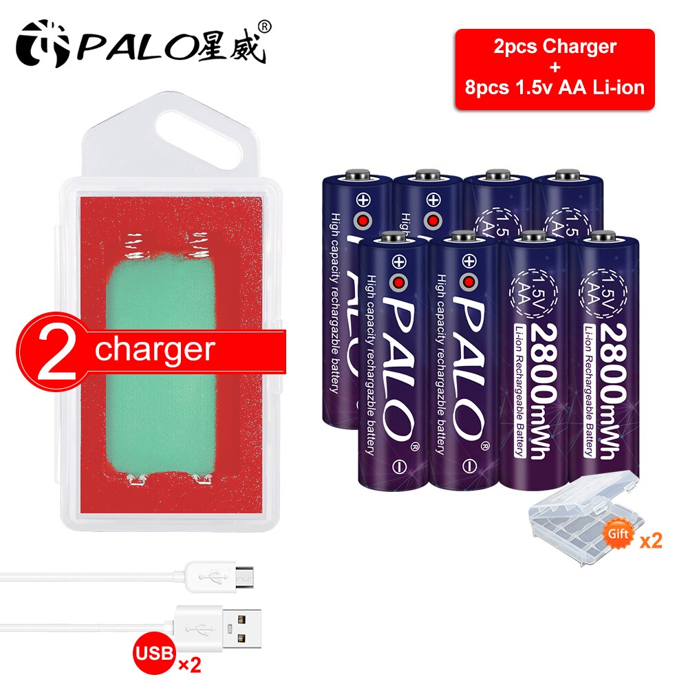 Lithium-Ion Batterij Polymeer Oplaadbare Batterijen Voor Thermometer Game Console Speelgoed Palo 1.5V Aa Li-Ion Batterij 2A 1.5V 2800mWh: 8battery 2charger