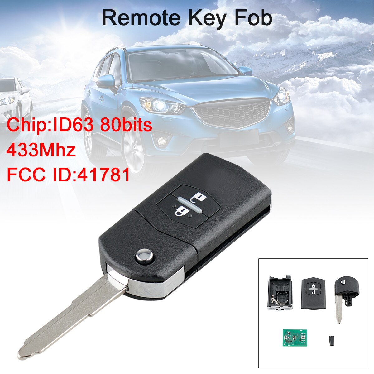 433Mhz 2 Knoppen Flip Auto Afstandsbediening Sleutel Keyless Entry Met ID63 80Bit Chip 41781 Fit Voor Mazda 3/BT-50