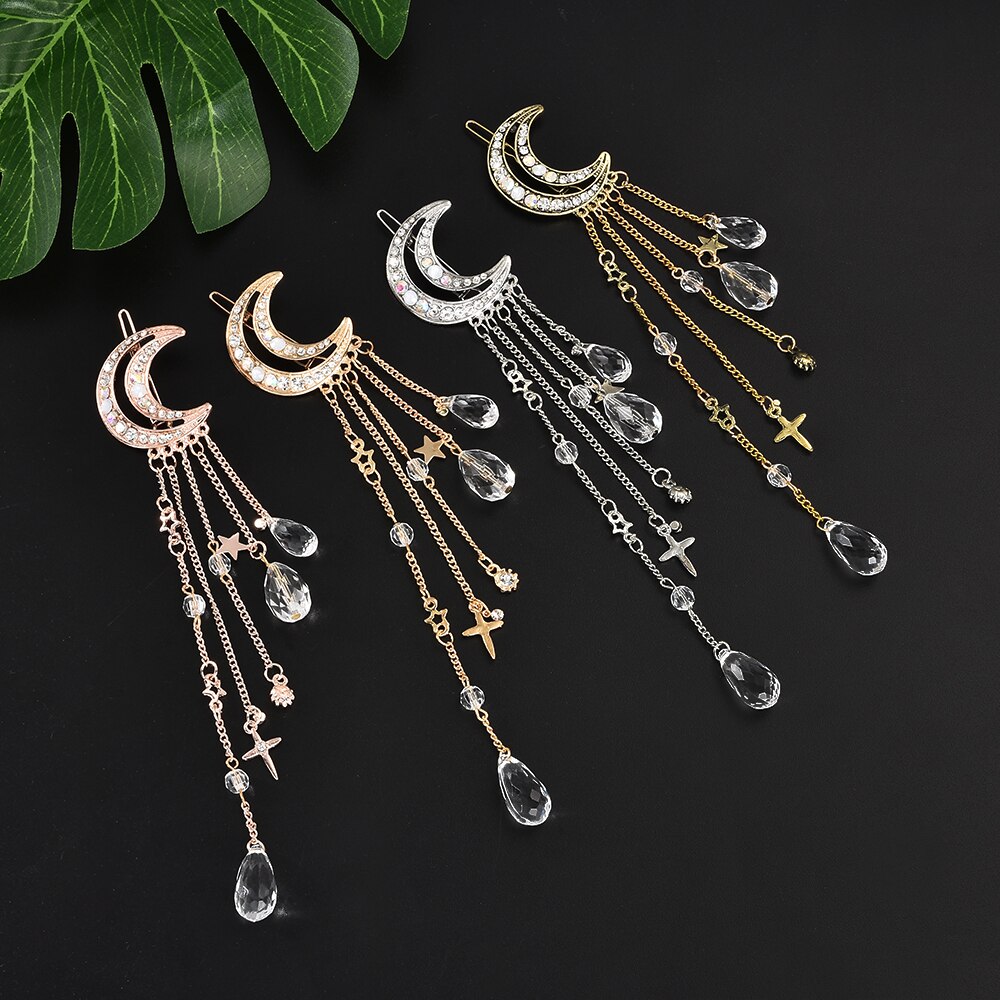 Elegante Frauen Dame Mond Strass Kristall Quaste Lange Kette Perlen Baumeln Haarnadel Haar Clip Haar Schmuck