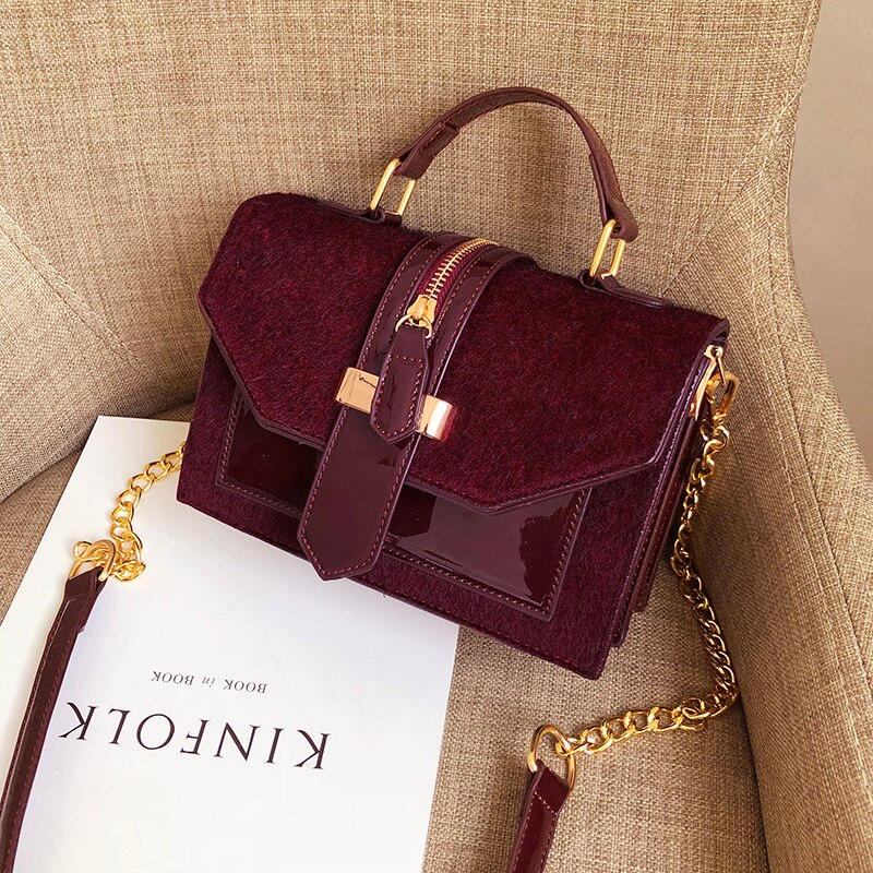 women's leopard PU leather shoulder bags lady solid black and burgundy crossbody chain handbags girl sling bags: burgundy