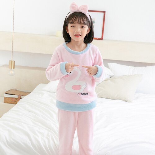 Joulupyjamat syksy talvi tytöt lämpimät flanellipyjamat yövaatteet pehmeät pyjamat lasten tyttöjen pitkähihaiset topit housut: Rq tian e fen / Koko 14(130-140cm)