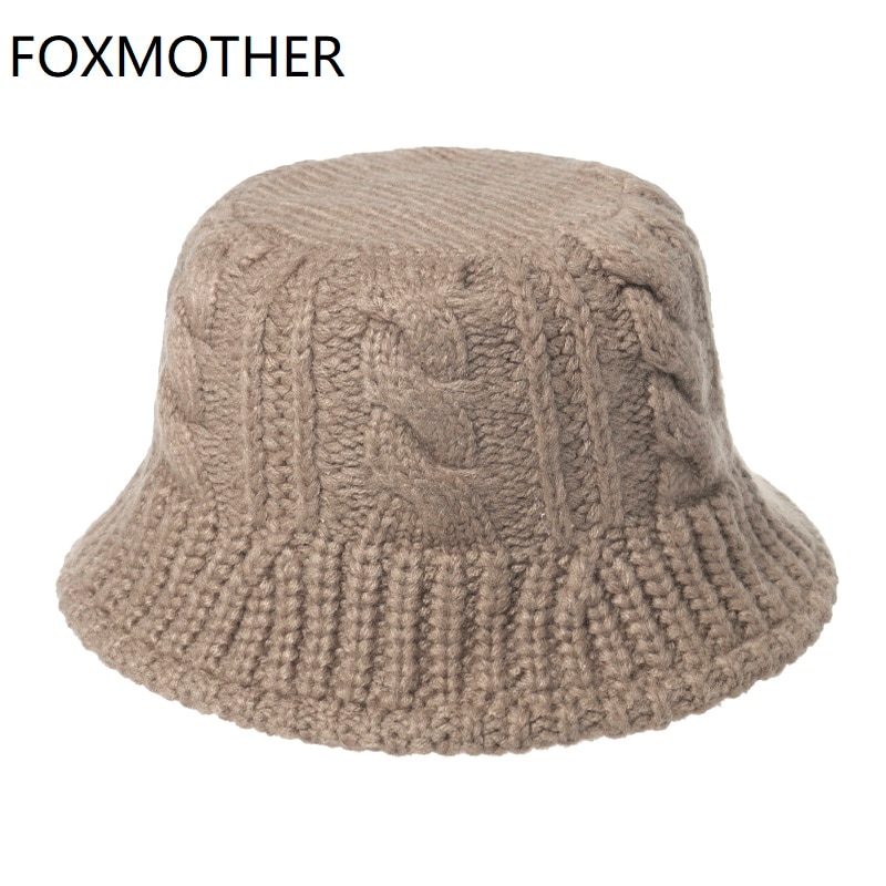 FOXMOTHER Black White Solid Winter Braid Knitted Bucket Hats Winter Warm Caps For Women Ladies gorros Fishing Caps
