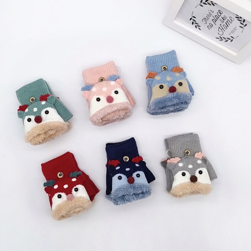 freundlicher Handschuhe freundlicher Baby Winter Strick Verdicken Nette Karikatur Hirsch Vielseitig Baumwolle halb-Finger Handschuhe Fäustlinge Warme 4-8Y Neue