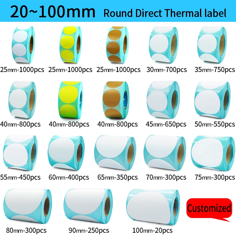 Direct Thermal Label Roll, Color / White Round Stickers, 1 Rolls, Packing Seal Label Sticker
