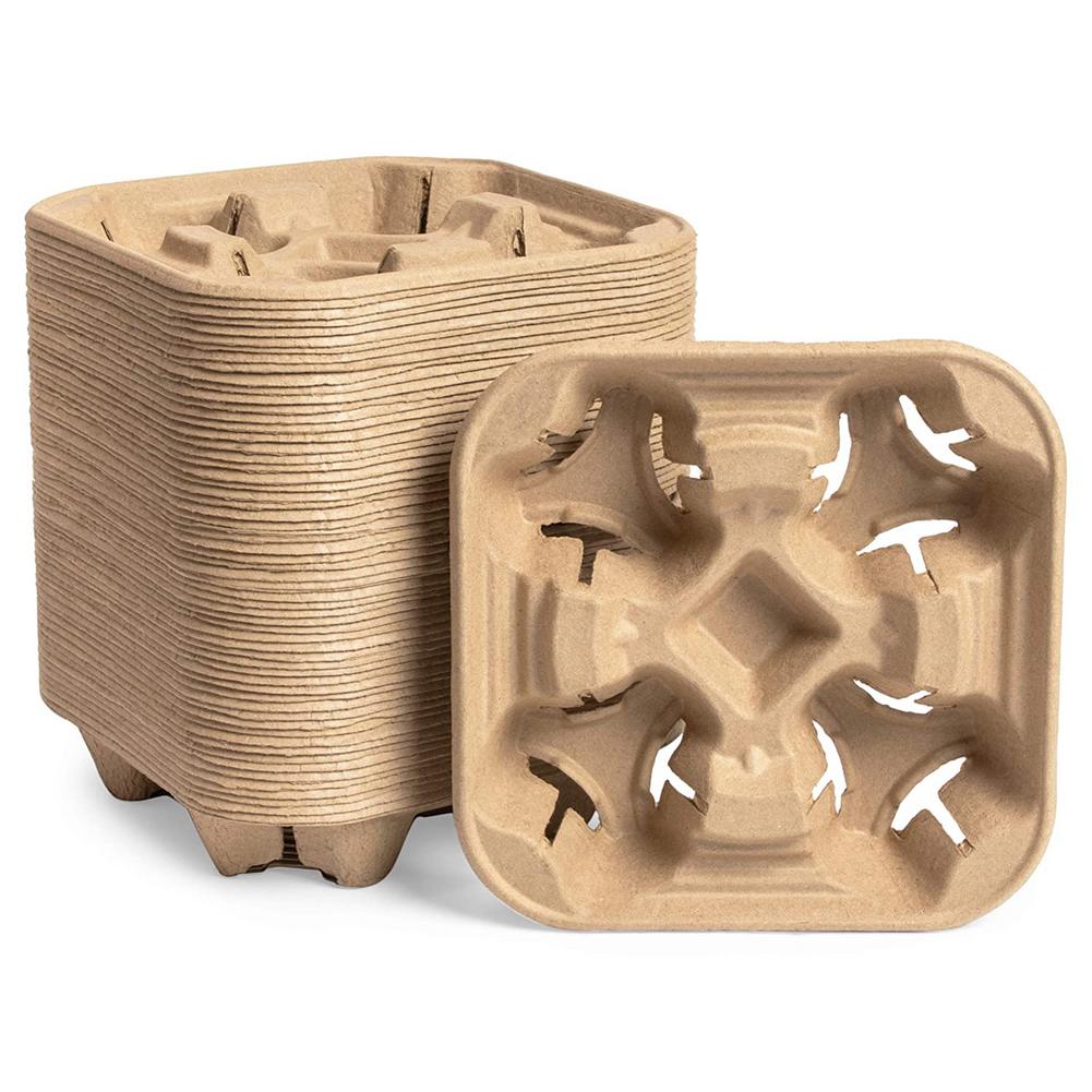 50pcs Disposable Pulp Cup Holder 2/4 Cup Drink Carrier Biodegradable Cup Holder Takeout Coffee Cup Holder for Takeaway Shops