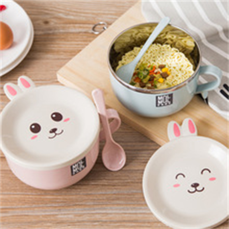 Stainless Steel Double Layer with Lid and Spoon Bowl Set Noodle Bowl Instant Noodle Bowl Anti-scalding Cute Rabbit Cutlery Set