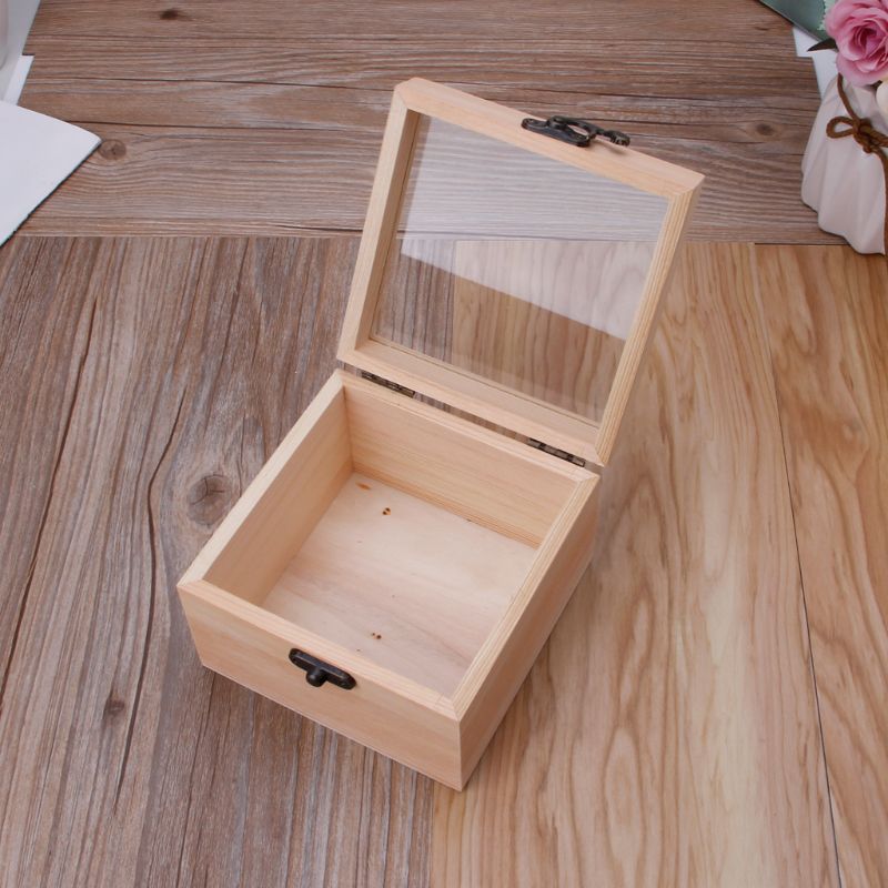 Glass Top Display Box Unfinished Natural Wooden Square Jewelry Storage Package