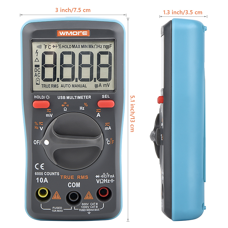 Wmore USB Charge Digital Multimeter for Tester 6000 counts Auto Ranging AC/DC voltage meter Flash light Back light Top