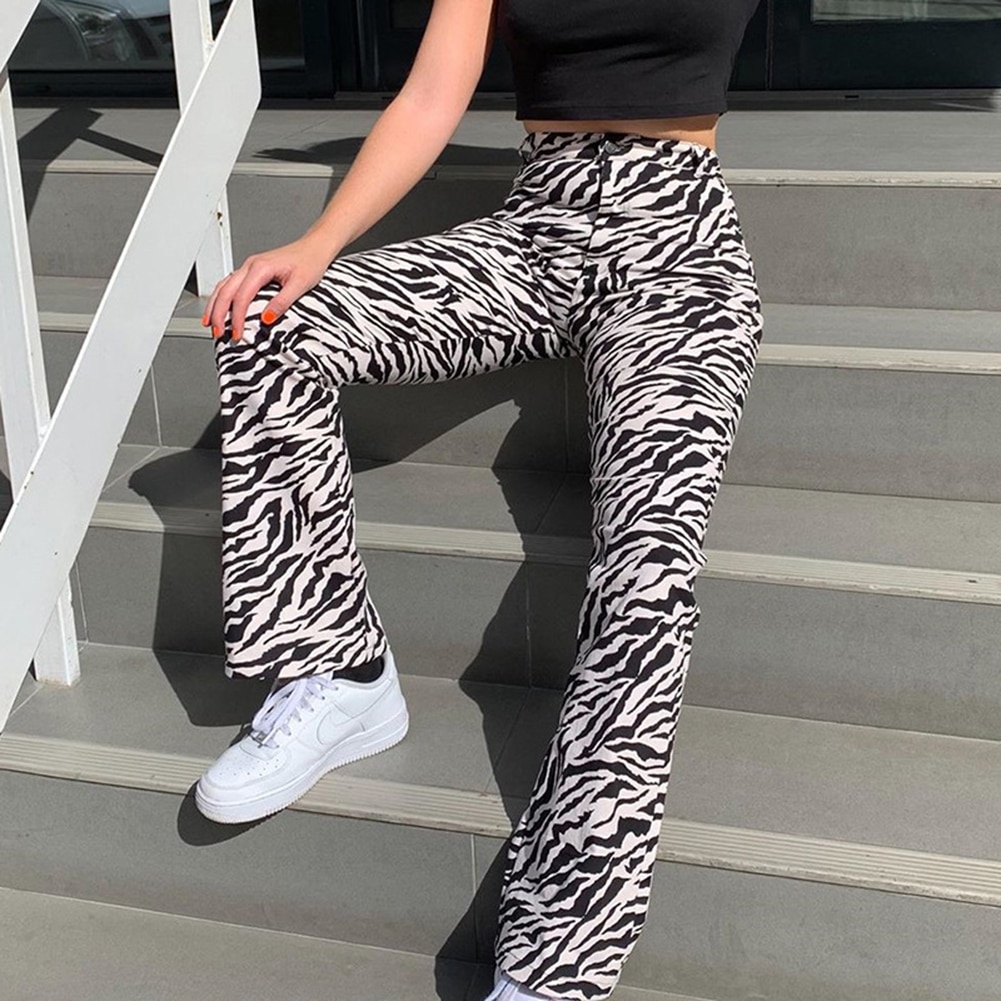 Zebrastribede joggers streetwear lige bukser kvinder højtaljede bukser plus size harajuku korea bukser med brede ben femme