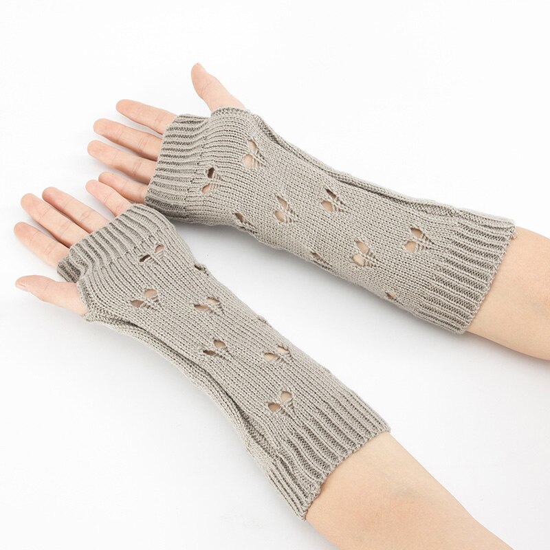 1 par kvinder vinter udhulede hæklede fingerløse handsker ribbet strik trim armopvarmere ensfarvet elastisk vante med tommelfingerhul: Grå