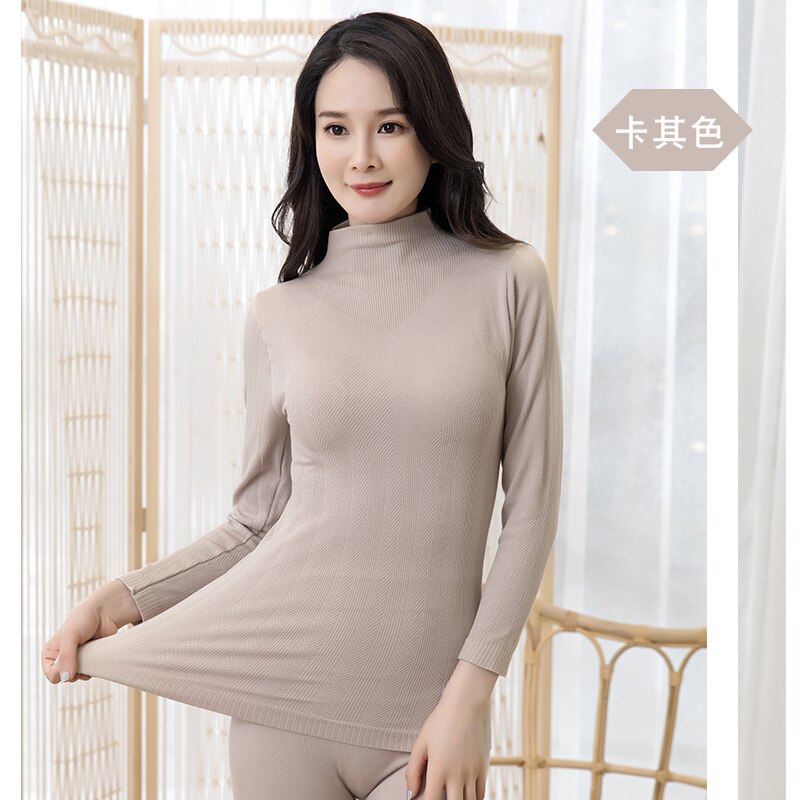 Autumn/winter Women's Pure Color High Collar Cotton Thermal Underwear Set Seamless Body Long Underwear Underwear Women: Khaki