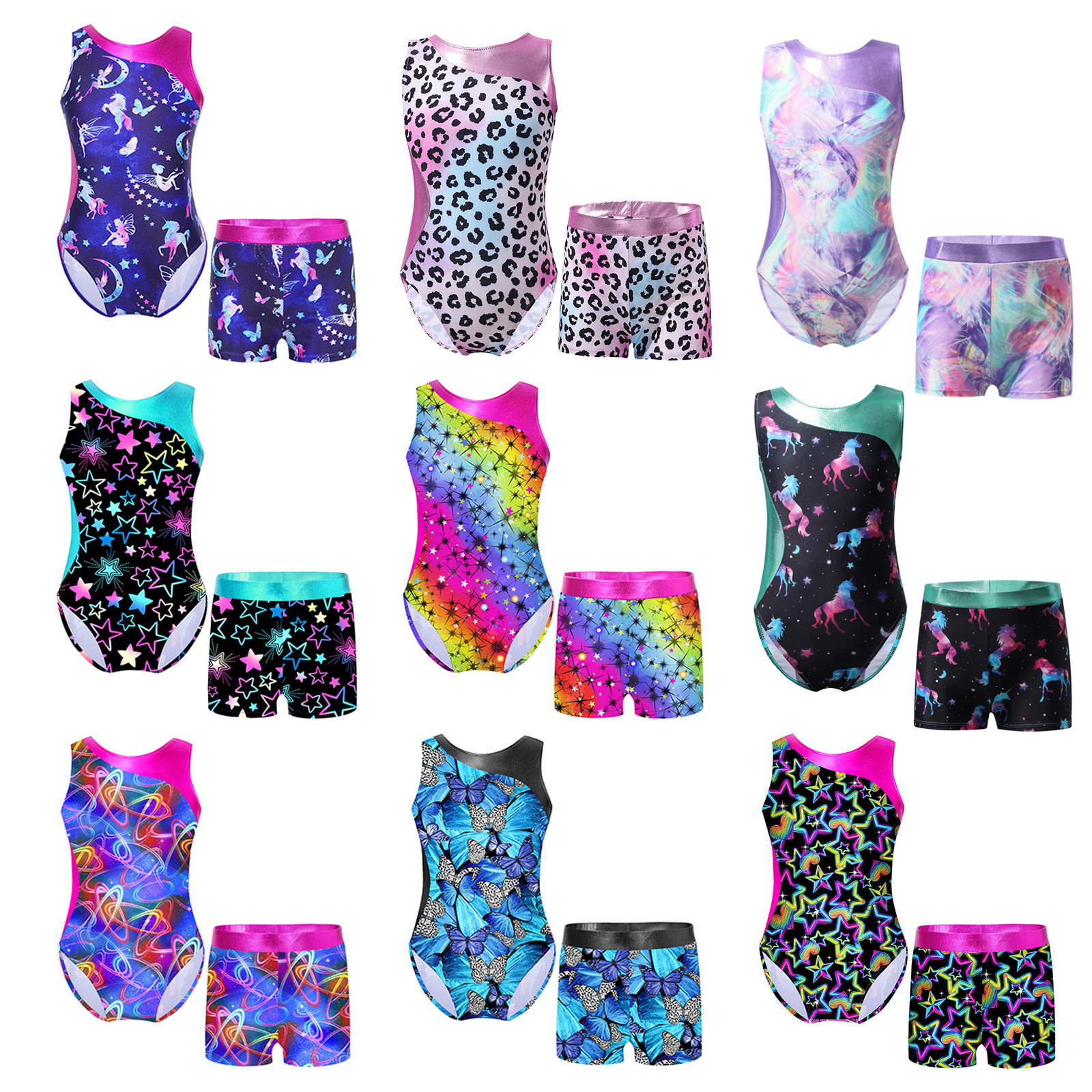 Kind Meisjes Gedrukt Dans Gymnastiek Outfit Mouwloos Bodysuit Met Shorts Ballet Turnpakje Training Dancewear