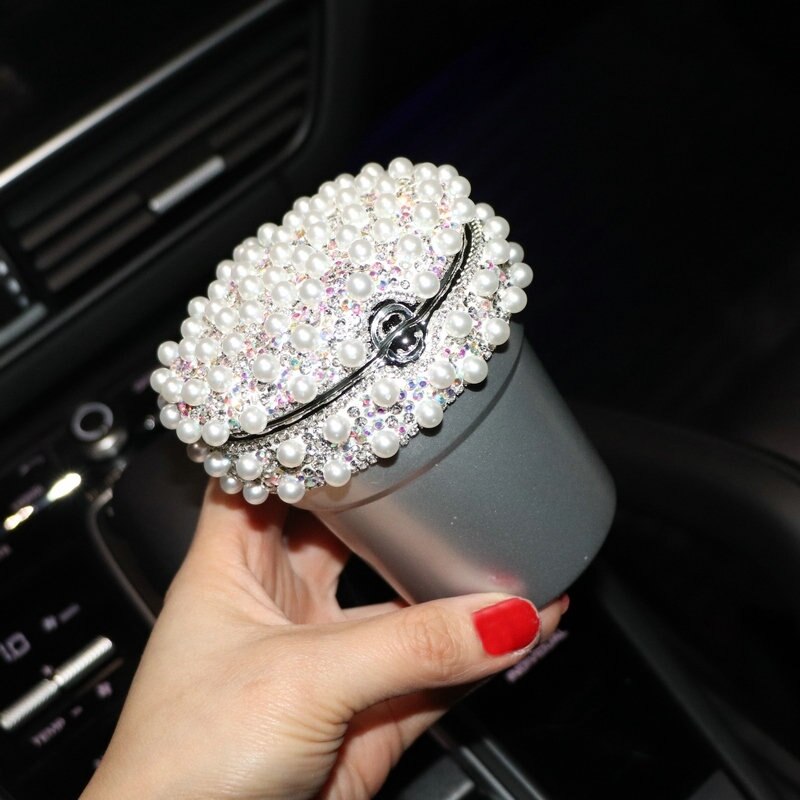 Strass Draagbare Auto Asbak met Led Licht Kristal Diamant Auto Ash Tray Asbak Opslag Bekerhouder voor Meisjes Auto Accessoires: pearl silver