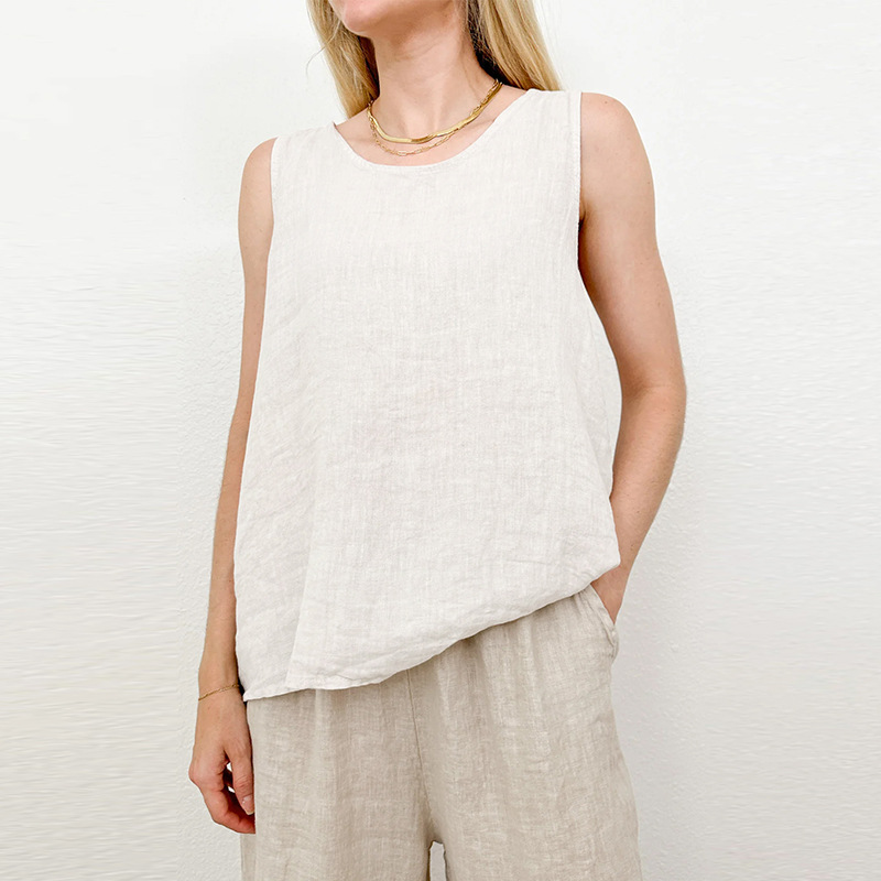 100%  ermeløse tanktopper i lin for kvinner, sommer, avslappet topp med knapper bak, elegant rund hals, hvite topper