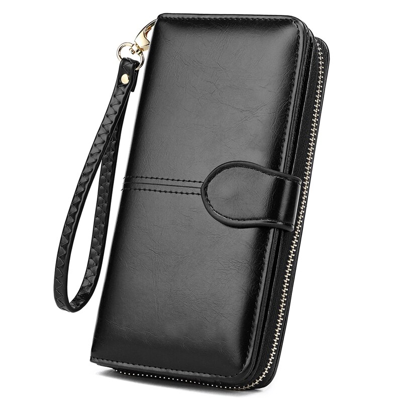 VICUNA POLO Brand Waxy Oil Leather Card Holder Wallet For Women Large Capacity Travel Ladies Wallet Clutch Wristlet Wallets: Black