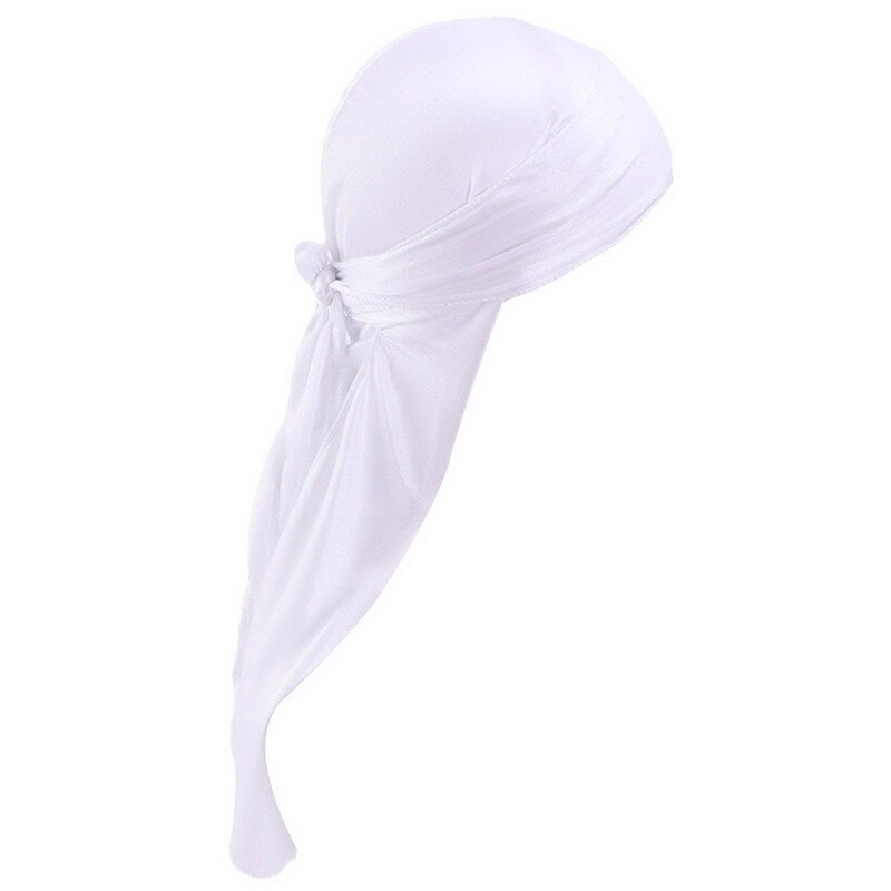 Satin Men Stretchy Cap Hip Hop Wigs Turban Bandana Headwear Toe Cap Solid Color Long Pirate Hat Tie Down Tail Hair Accessories: white